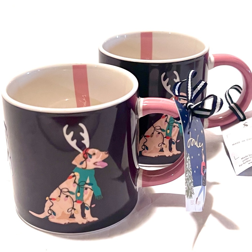 Two (2) JOULES Dog We Woof You a Merry Christmas Ceramic Mugs Blue/White 12oz